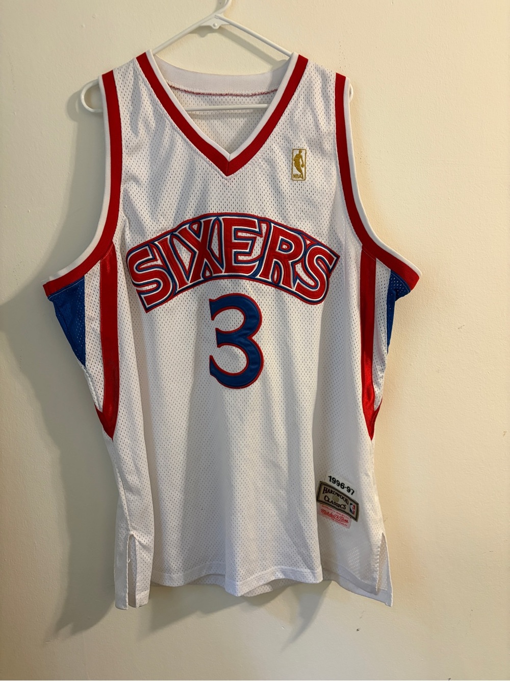 Mitchell & Ness White Red and Blue Sixers #3 Basketball Jersey